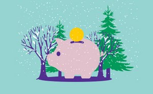 Promotions, Savings and Samples Piggy bank with yellow coin and sunglasses in summer landscape. Palm trees and parasol in the background.