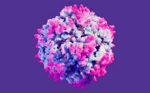 Cell Culture Media for AAV Manufacturing Colorful abstract representation of a virus, surrounded by vibrant geometric shapes.