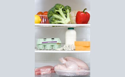 Fridge showing food and beverages (meat, poultry, dairy, eggs, fruit and vegetables) that require microbiological testing for food safety and quality  Fridge showing food and beverages (meat, poultry, dairy, eggs, fruit and vegetables) that require microbiological testing for food safety and quality