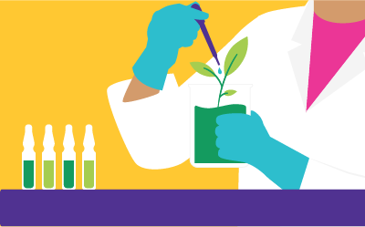 A scientist adds a drop of water to a plant growing in a beaker. To the left of the scientist are four containers filled with green liquids. A scientist adds a drop of water to a plant growing in a beaker. To the left of the scientist are four containers filled with green liquids.