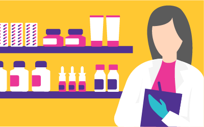 A pharmacist stands in front of shelves lined with products while holding a clipboard. A pharmacist stands in front of shelves lined with products while holding a clipboard.