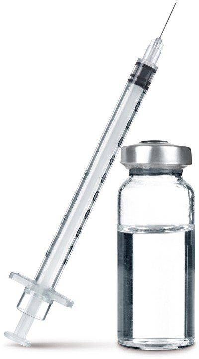 A clear glass vial filled with liquid, sealed with a metal cap, next to a transparent syringe with measurement markings. A clear glass vial filled with liquid, sealed with a metal cap, next to a transparent syringe with measurement markings.