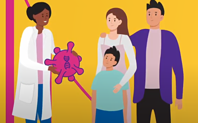 An illustration depicting a healthcare professional in a white coat, presenting a large pink molecule model to a family of three. An illustration depicting a healthcare professional in a white coat, presenting a large pink molecule model to a family of three.