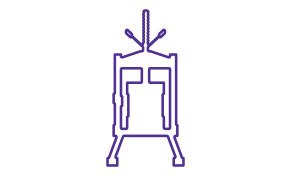 A simplistic purple line drawing of a cable car with a square body and a triangular top where the cables are attached. A simplistic purple line drawing of a cable car with a square body and a triangular top where the cables are attached.