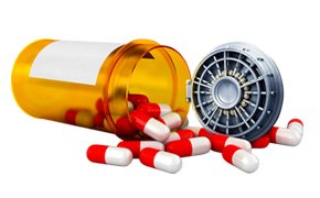 Secure Your Small Molecules Analysis & QC A medicine bottle lays on its side with red and white pills spilling out. Rather than a lid, the bottle has a vault door swung open.