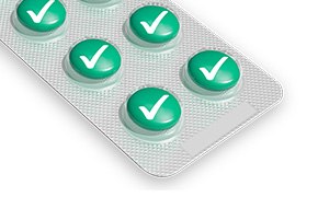 Biologics Characterization Six green pills with large check-marks in grey packaging.