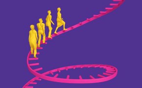 Advancing mRNA vaccines and mRNA therapeutics manufacturing together Graphic of scientists walking up a DNA strand.