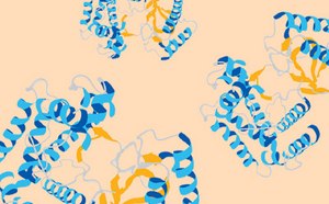 Lysis & Protein Extraction A spiral molecular representation of blue and yellow protein structures on a light background.