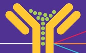 Flow Cytometry Yellow antibody with green antigens binding to it, set against a purple background with colorful lines representing different interactions or reactions.