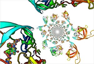 Protein Mass Spectrometry It is a colorful representation of a complex molecular structure. It features multiple intertwined shapes, each with distinct colors like green, blue, red, and yellow.