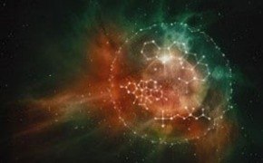 Metabolomic galaxy Illustrating a cell surrounded by structures of metabolites represented as a galaxy.