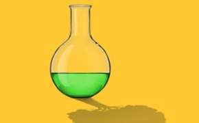 Green chemistry Florence flask with green clear liquid and shadow of a tree to signify green chemistry