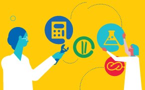 Exclusive Savings Promotion Illustration of scientists and lab supplies in a collage