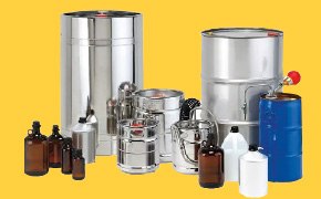 Chemical Manufacturing Bulk and Custom Services A grouping of steel chemicals, dark glass and plastic jugs signifying bulk chemicals and custom services for chemical manufacturing