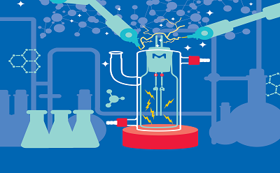 An illustrated scene featuring a laboratory setup with a glass apparatus connected to robotic arms. The background is filled with molecular structures and scientific symbols, all in a blue color scheme, conveying a sense of innovation in science.
