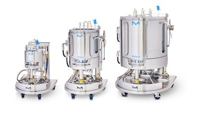 3 sizes of stainless steel Mobius® ADC reactors, 10 L on the left, 100 L in the middle, and 500 L to the right 3 sizes of stainless steel Mobius® ADC reactors, 10 L on the left, 100 L in the middle, and 500 L to the right