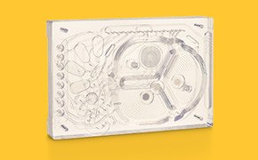 Mobius<sup>®</sup> Breez Cassette The 2 mL microbioreactor cassette integrates automated pumps, valves, optical sensors, and a cell retention filter.