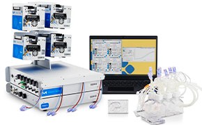 Mobius<sup>®</sup> Breez Microbioreactor The Mobius® Breez Microbioreactor comprises gamma-irradiated microbioreactor consumables with integrated fluid supply, four (4) bioreactor controllers (PODs), a utility base station, a CO2 sensor box, and accompanying hardware and intuitive software.