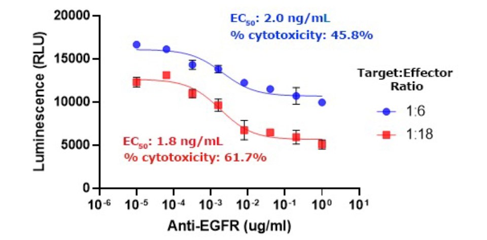 ADCC assay ADCC assay using A549 target cells expressing a luciferase reporter gene, frozen BioIVT NK effector cells, and anti-EGFR antibody. A luciferase assay was used to measure target cell killing.