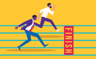 Two stylized figures in a race, with one nearing the finish line, which is prominently marked with the word “FINISH” in capital letters on a red background.  Two stylized figures in a race, with one nearing the finish line, which is prominently marked with the word “FINISH” in capital letters on a red background.