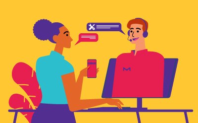 Illustration depicting two individuals interacting with technology, represents remote communication or virtual assistance technology. Illustration depicting two individuals interacting with technology, represents remote communication or virtual assistance technology.