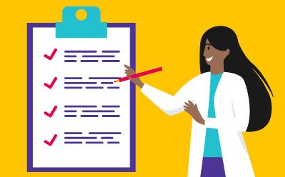 Illustration of a person with long hair, wearing a lab coat, holding a red pencil and presenting a large clipboard. Illustration of a person with long hair, wearing a lab coat, holding a red pencil and presenting a large clipboard.