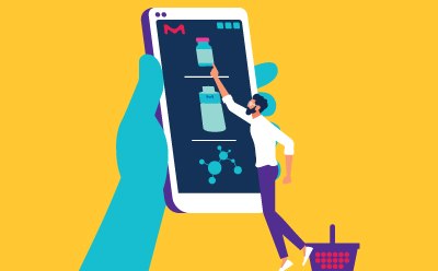 Illustration of a person interacting with a large smartphone. The smartphone screen displays a shopping app interface with an item being added to a virtual cart. Illustration of a person interacting with a large smartphone. The smartphone screen displays a shopping app interface with an item being added to a virtual cart.