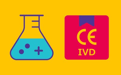 On the left, there is a stylized graphic of a blue Erlenmeyer flask. On the right, there is a red square with rounded corners displaying the letters ‘CE’ in white, followed by ‘IVD’ in smaller font size below it.   On the left, there is a stylized graphic of a blue Erlenmeyer flask. On the right, there is a red square with rounded corners displaying the letters ‘CE’ in white, followed by ‘IVD’ in smaller font size below it.