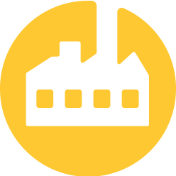 A white graphic of a hard hat surrounded by a yellow circle.