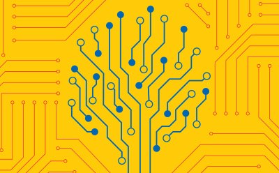 Blue electronic lines tree Blue electronic lines tree on a yellow circuit board