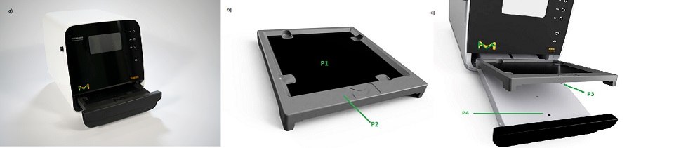 TLC Explorer Baseplate The open drawer unit with TLC plates placed on Baseplate P1, positioned on an integrated tray.