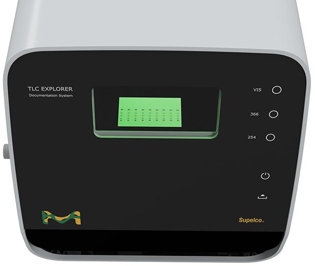 Open inspection window for safe visual check. Image shows an illuminated plate under UV 254 nm excitation.  Open inspection window for safe visual check showing an illuminated plate under an excitation of UV 254 nm.
