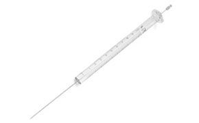 Analytical Syringes Autosampler syringe with a plunger fitted to a glass barrel used for liquid samples.