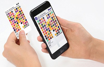 A person's hands holding a color chart card in one hand and a smartphone in the other. The smartphone screen displays a digital version of the same color chart, aligning the physical and digital formats for comparison or analysis. The background is white, emphasizing the items being held. A person's hands holding a color chart card in one hand and a smartphone in the other. The smartphone screen displays a digital version of the same color chart, aligning the physical and digital formats for comparison or analysis. The background is white, emphasizing the items being held.