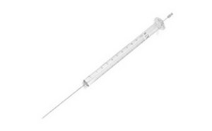 Analytical Syringes A grayscale photograph of a syringe. It features:  Needle: A long, thin needle is attached to the tip of the syringe. Barrel: The barrel has measurement markings along its length. Plunger: At the end of the syringe, there is a plunger used for drawing in or expelling liquids.