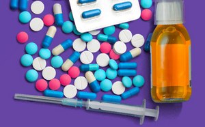 APIs Tailored to Your Needs A colorful assortment of medications displayed on a purple background, including various pills in blue, pink, and white, a blister pack of capsules, a bottle of liquid medicine, and a syringe.