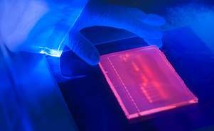laboratory ultraviolet light box during electrophoresis for detection of DNA  Close up of ultraviolet light box during the preparation of an agarose electrophoresis gel used in DNA separation