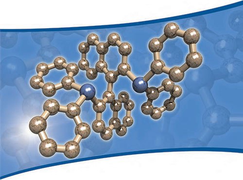 The three-dimensional structure of BINAP. The phosphorus atoms are represented in blue. This chiral ligand proved to be one of the most popular, for a variety of asymmetric transformations
