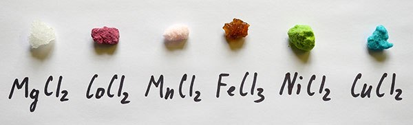 연관된 금속의 산화 상태에 기인한, 색상의 다양한 배열을 보이는 할라이드(염화물) 염들