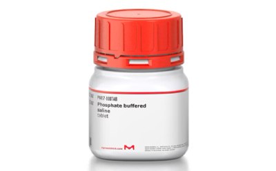Phosphate Buffered Saline tablet It is a small white plastic bottle with a red cap, labeled “Phosphate buffered saline solution” in black text.