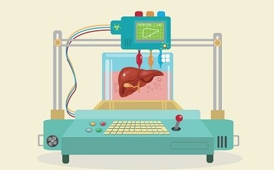 3D Bioprinting A stylized illustration of a 3D bioprinter, featuring a control panel with buttons and a screen displaying a graphic. The printer is shown creating a realistic model of a human organ, possibly a heart, suspended in a transparent chamber filled with liquid.