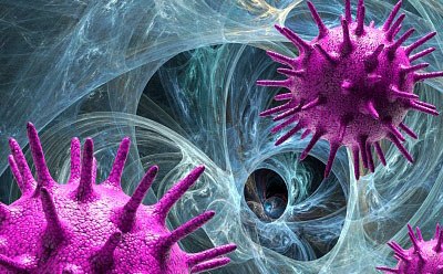 Illustration de nano et microparticules pour l'administration de m&eacute;dicaments color&eacute;es en violet circulant dans des vaisseaux sanguins