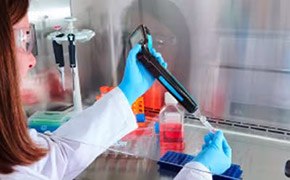 Scientist working with cell counting equipment Glass and plastic bottle of acids