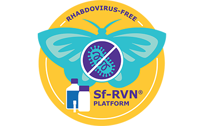 Sf-RVN® Platform A vibrant logo depicting a blue butterfly symbolizing a Rhabdovirus-free environment, with a central yellow emblem featuring a crossed-out virus particle, two vials, and the text ‘SF-RVN® PLATFORM’ below it, indicating a specialized platform for Rhabdovirus-free products.