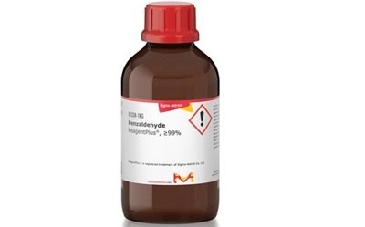 A brown bottle with a red cap labeled “Formaldehyde, Stabilized, ≥99%.” The label includes hazard symbols indicating flammability and health risks, as well as a Sigma-Aldrich logo. The background is plain white.