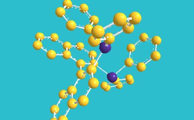 BINAP, a powerful chiral ligand for asymmetric catalysis The three-dimensional structure of BINAP. The phosphorus atoms are represented in purple and carbons in yellow. This chiral ligand proved to be one of the most popular, for a variety of asymmetric transformations.