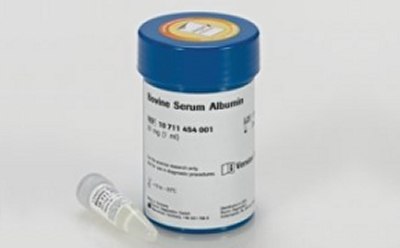 Bovine Serum Albumin A container of Bovine Serum Albumin (BSA) with a small vial next to it. This setup is typically seen in a laboratory setting, where BSA is used in various biochemical applications due to its stability and lack of interference with biological reactions. The vial suggests that precise amounts of BSA can be stored and used as needed.