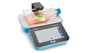 Millicell DCI Digital Cell Imager  A modern digital laboratory scale with a blue base and a touchscreen interface.