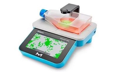 Millicell® Digital Cell Imager  A modern digital laboratory scale with a blue base and a touchscreen interface.