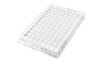 MultiScreen® Single Plate A MultiScreen<sup>®</sup> 96-well plate with a grid of circular wells, designed for laboratory use in experiments and assays, resting on a flat surface.